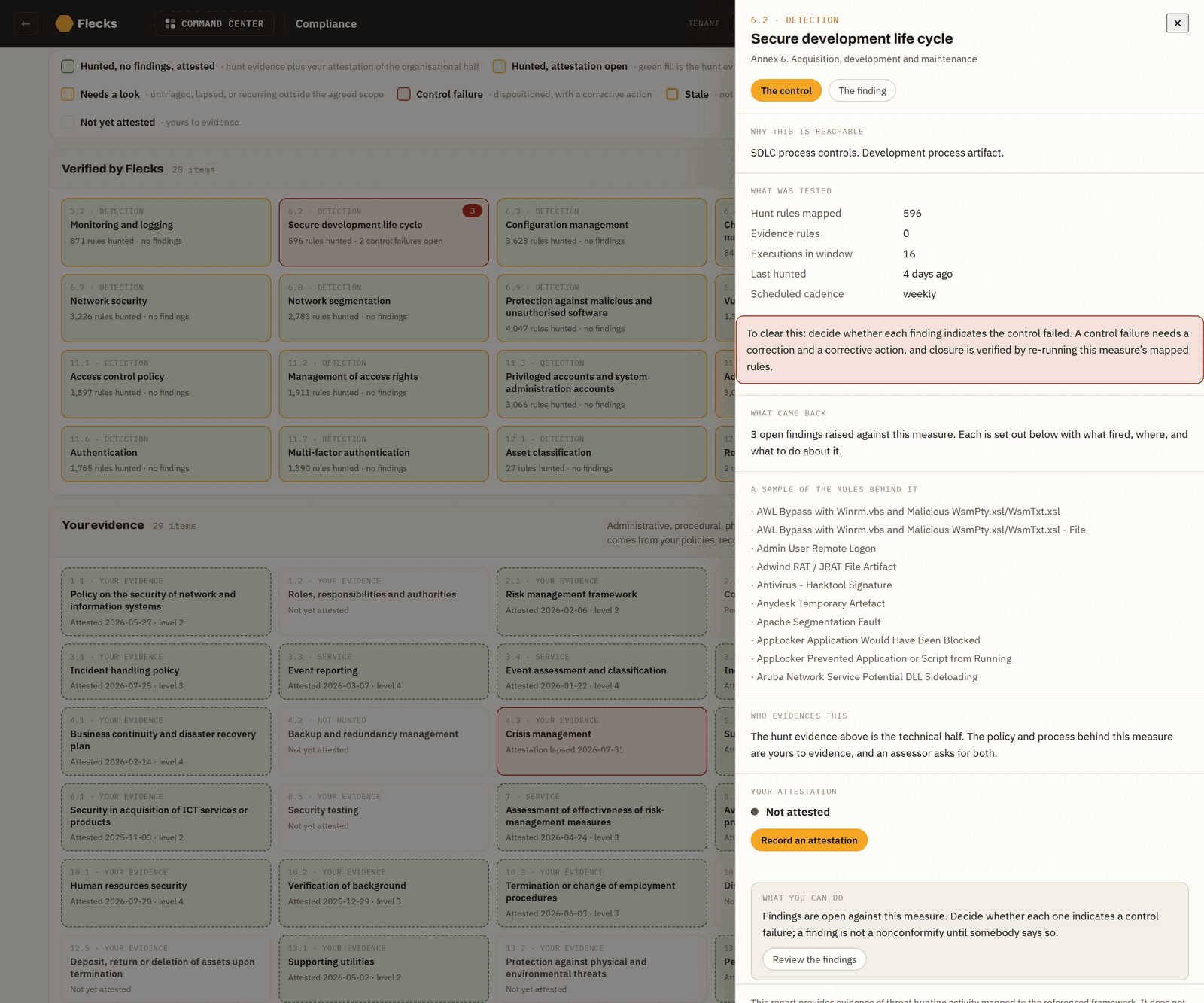Flecks compliance view showing evidence status and remediation guidance