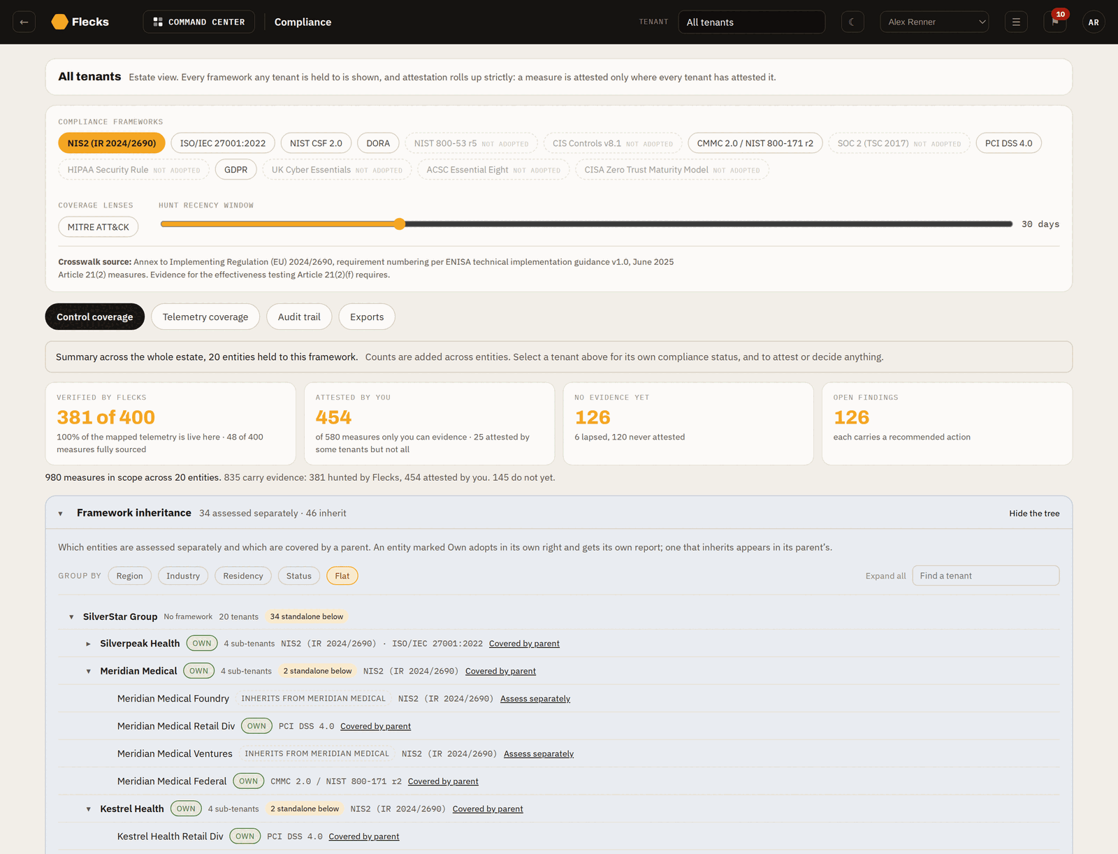 Flecks compliance view showing framework assignment across a corporate group